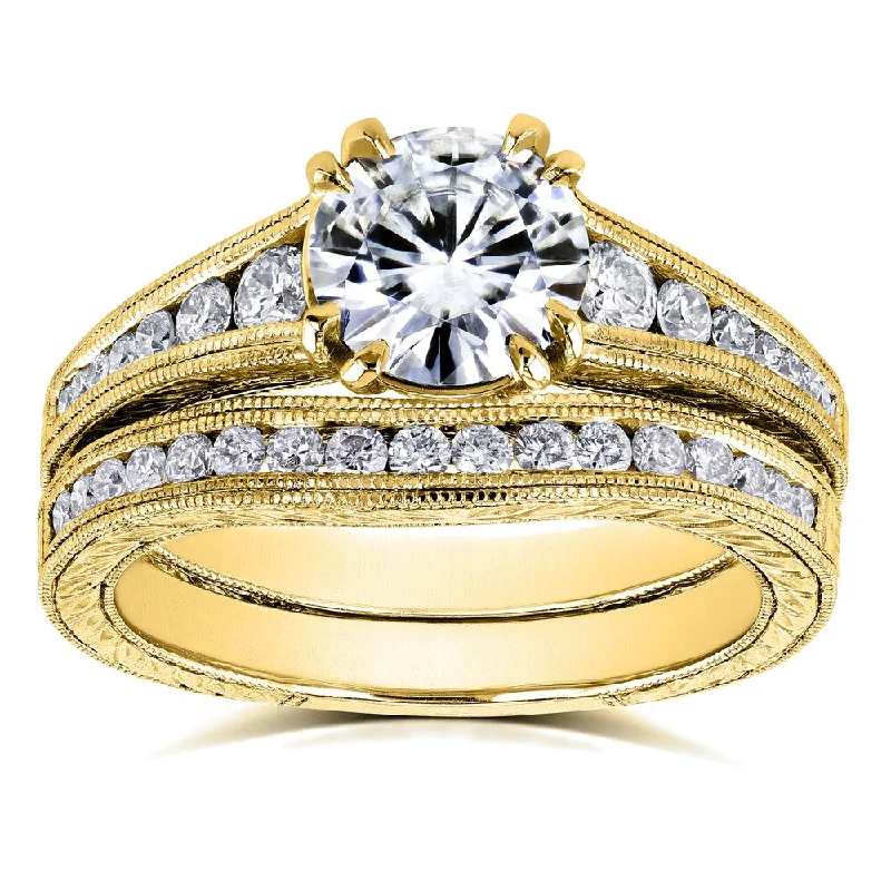 delicate filigree iolite ring-Annello by Kobelli 14k Yellow Gold 1 1/2ct TGW Forever One Moissanite and Diamond Bridal Set