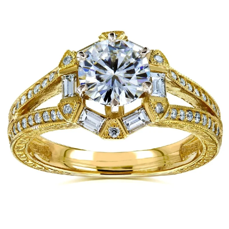 floral-inspired alexandrite ring-Annello by Kobelli 14k Yellow Gold 1 1/2ct TGW Round-cut Moissanite and Diamond Art Deco Split Shank Engagement Ring