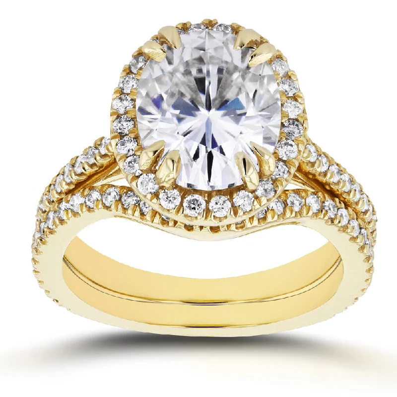 modern sleek orbit ring-Annello by Kobelli 14k Yellow Gold 3ct Oval Moissanite and 3/5ct TDW Diamond Halo 2-Piece Bridal Set