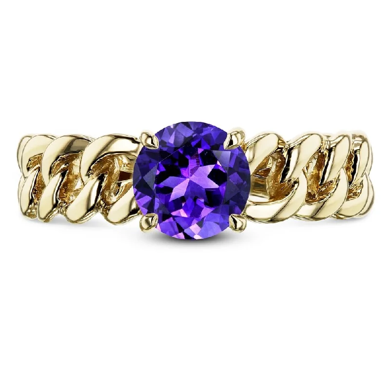 boho-inspired alexandrite ring-Annello by Kobelli 14k Yellow Gold Round Amethyst Solitaire Chain Link Ring