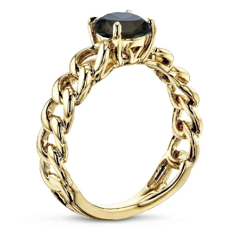 engraved pledge ring-Annello by Kobelli 14k Yellow Gold Round Smoky Quartz Solitaire Chain Link Ring