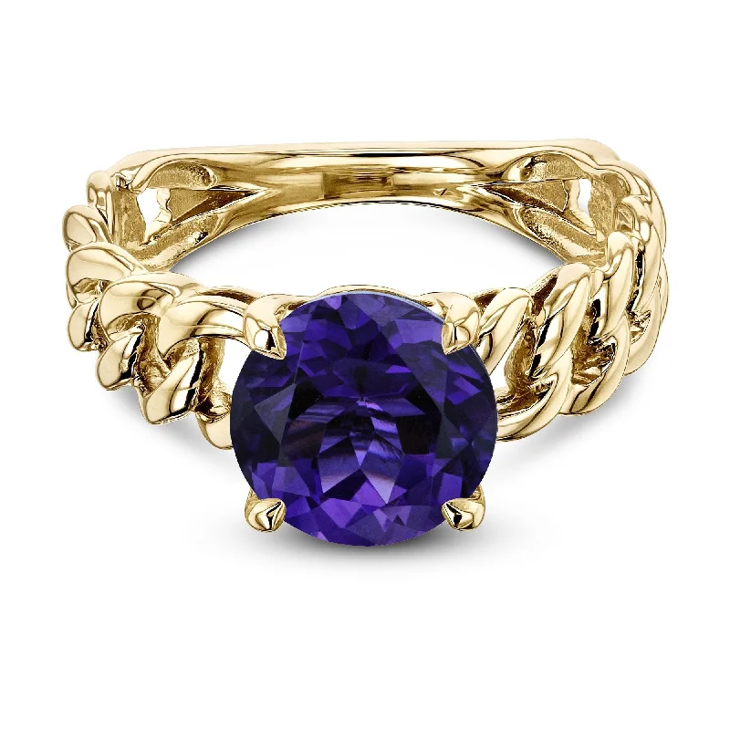 polished silver orbit ring-Annello by Kobelli Chain Linked Round Purple Amethyst Gemstone Solitaire Ring in 14k Yellow Gold