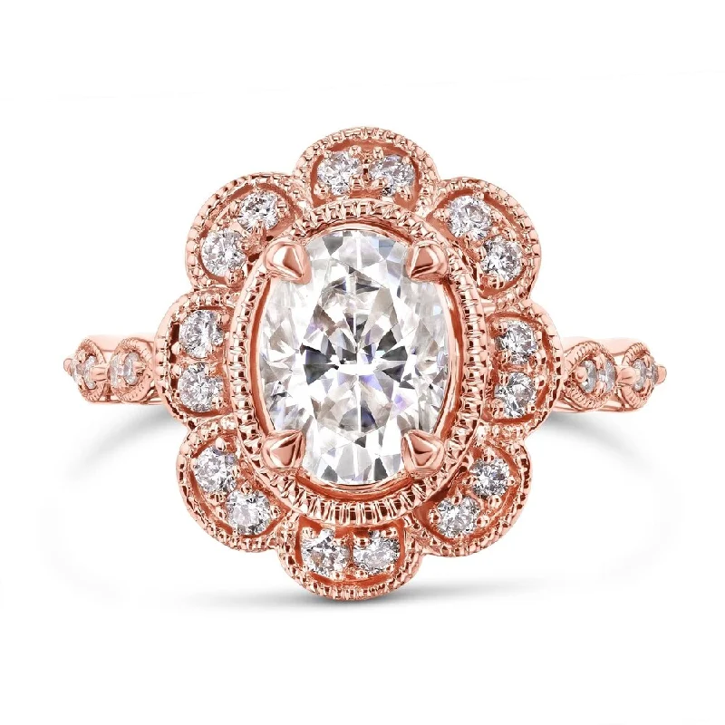 engraved pledge ring-Annello by Kobelli The Royal Floral Oval 10k Rose Gold 1 7/8ct TGW Mixed Stone Vintage Filigree Halo Engagement Ring