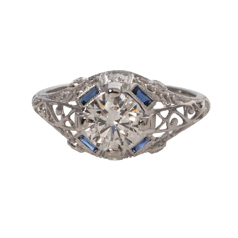 art deco spinel ring-Art Deco Style 1ct Diamond & Sapphire Platinum Filigree Ring