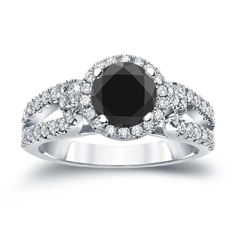 antiqued silver band ring-Auriya 14k Gold 1 carat TW Halo Black Diamond Engagement Ring