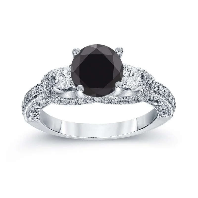 modern fused-stack ring-Auriya Platinum 2ct TDW Vintage Round 3 Stone Black Diamond Engagement Ring