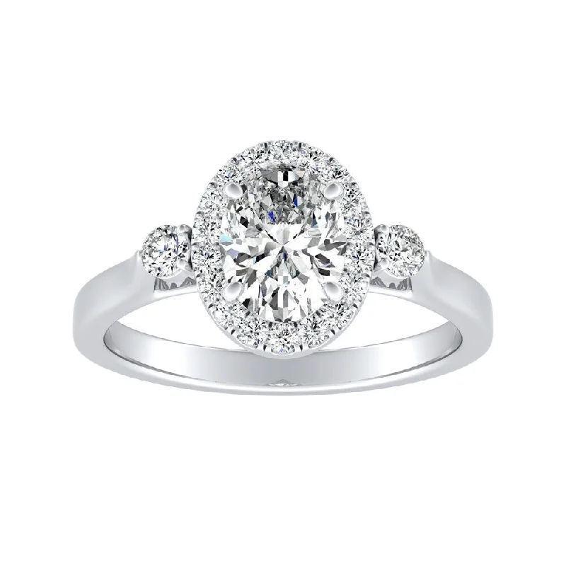 bold opal ridge ring-Auriya Platinum 3/4ctw 3-stone Halo Oval Diamond Engagement Ring (H-I, SI1-SI2)