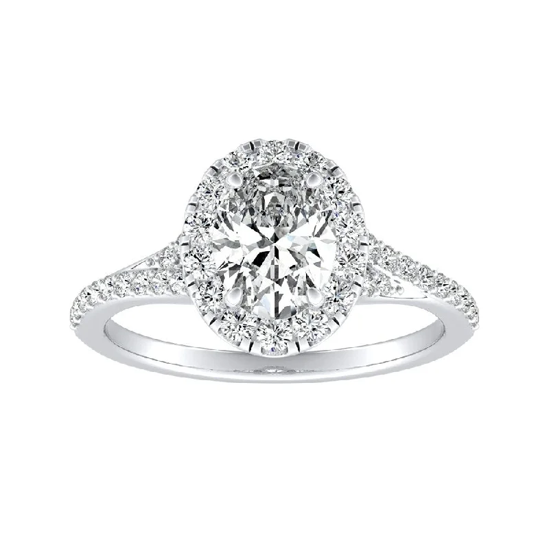 modern sleek orbit ring-Auriya Platinum Oval Shape 3/4cttw Halo Diamond Engagement Ring (H-I, SI1-SI2)