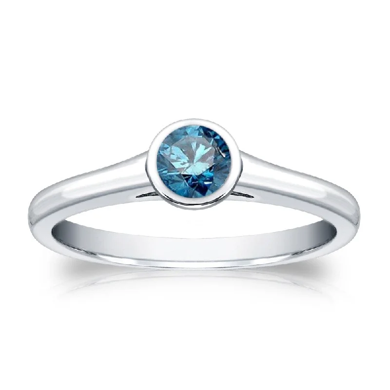 floral-inspired kyanite ring-Auriya Round 1/3ctw Bezel Set Solitaire Blue Diamond Engagement Ring 14K Gold (I1-I2)