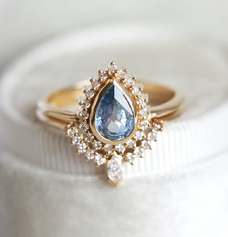 artisan-crafted larimar ring-Blue Sapphire Diamond Ring Set