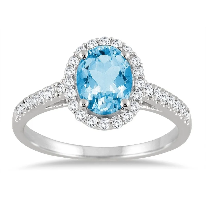 artisan-crafted platinum ring-Blue Topaz and Diamond Halo Ring in 10K White Gold