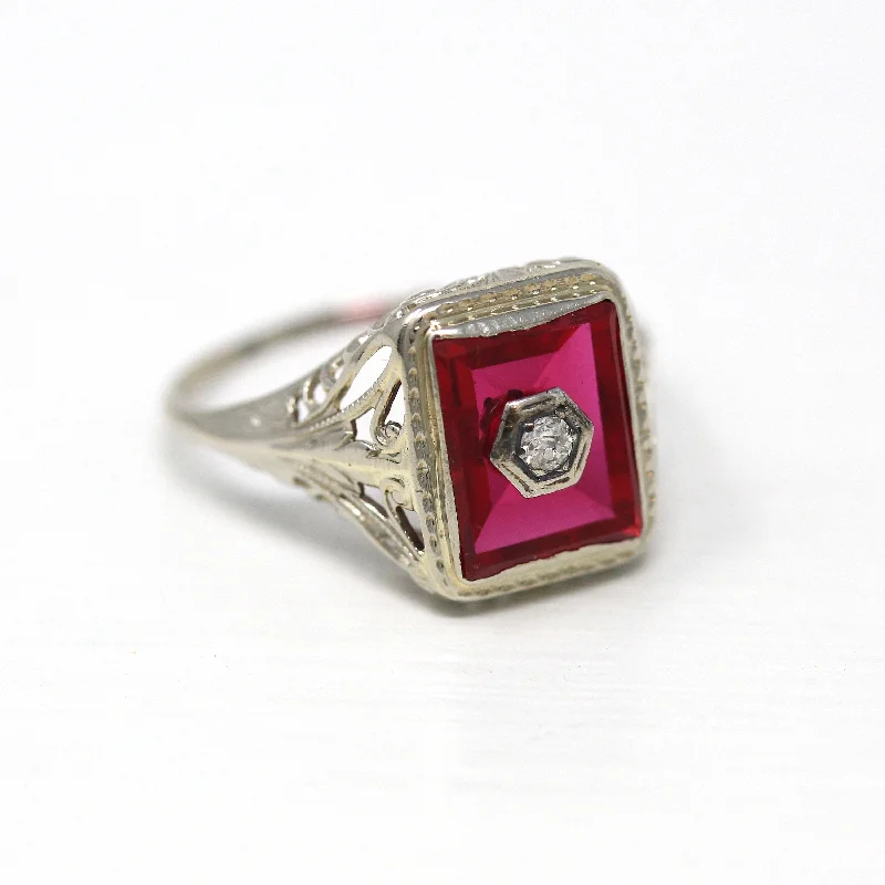 artisan-crafted gold ring-Created Ruby Ring - Art Deco 14k White Gold Red 2.88 CT Stone Genuine Diamond - Vintage Circa 1920s Size 8 1/4 July Birthstone Fine Jewelry