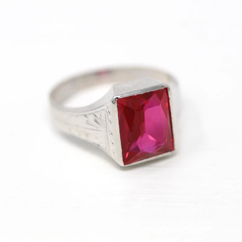 modern stacked tanzanite ring-Created Ruby Ring - Art Deco 14k White Gold Rectangular Faceted 4.26 CT Red Pink Stone - Vintage 1930s Size 6 1/4 July Birthstone Jewelry