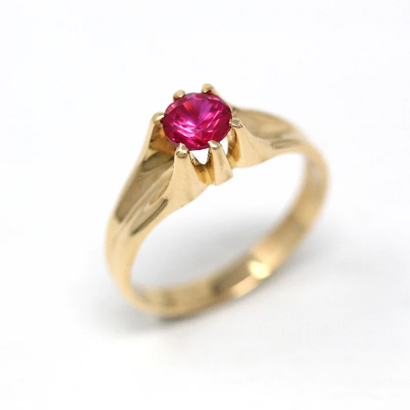 antiqued gold stack ring-Created Ruby Ring - Retro 10k Yellow Gold Round Faceted Stone 1.07 CT Solitaire - Vintage Circa 1960s Era Size 10 Belcher Style 60s Jewelry