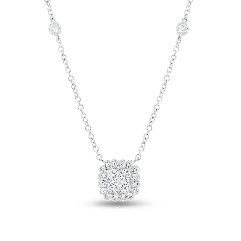 engraved vow pendant necklace-Diamond Cushion Cluster Pendant with Bezel-Set Diamond Stations