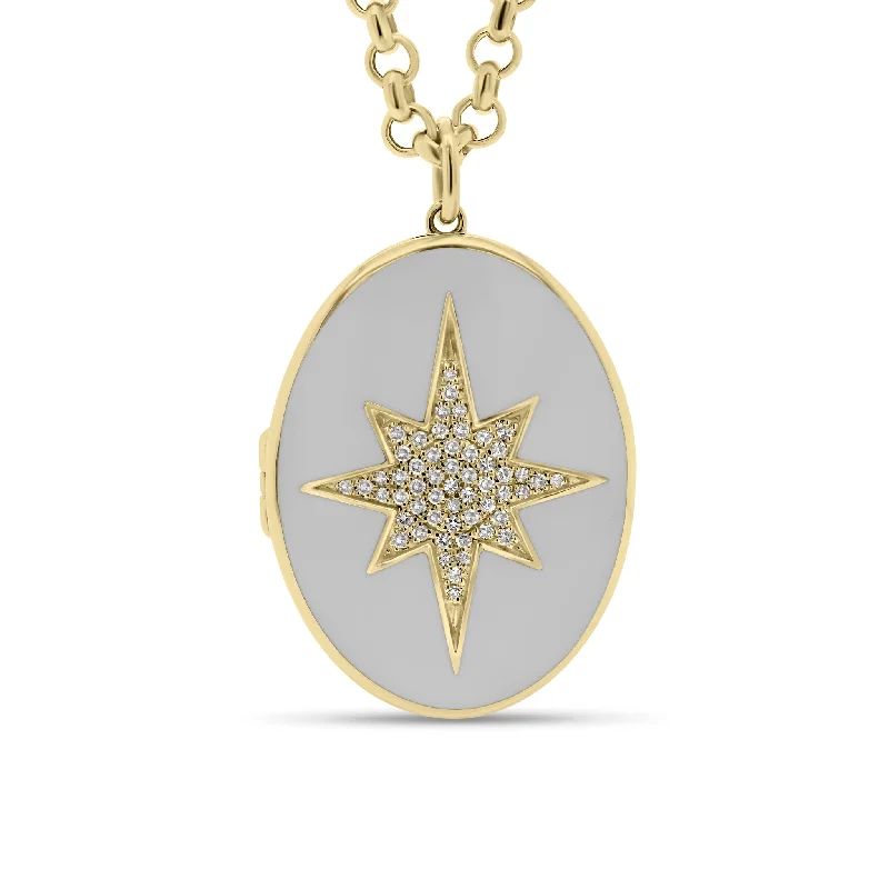 floral channel topaz necklace-Diamond & Enamel Star Oval Locket Necklace