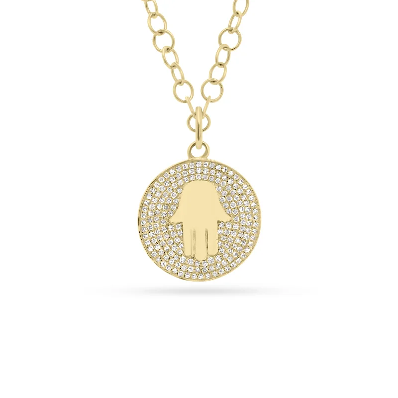 adjustable ridge necklace-Diamond Hamsa Disc Pendant