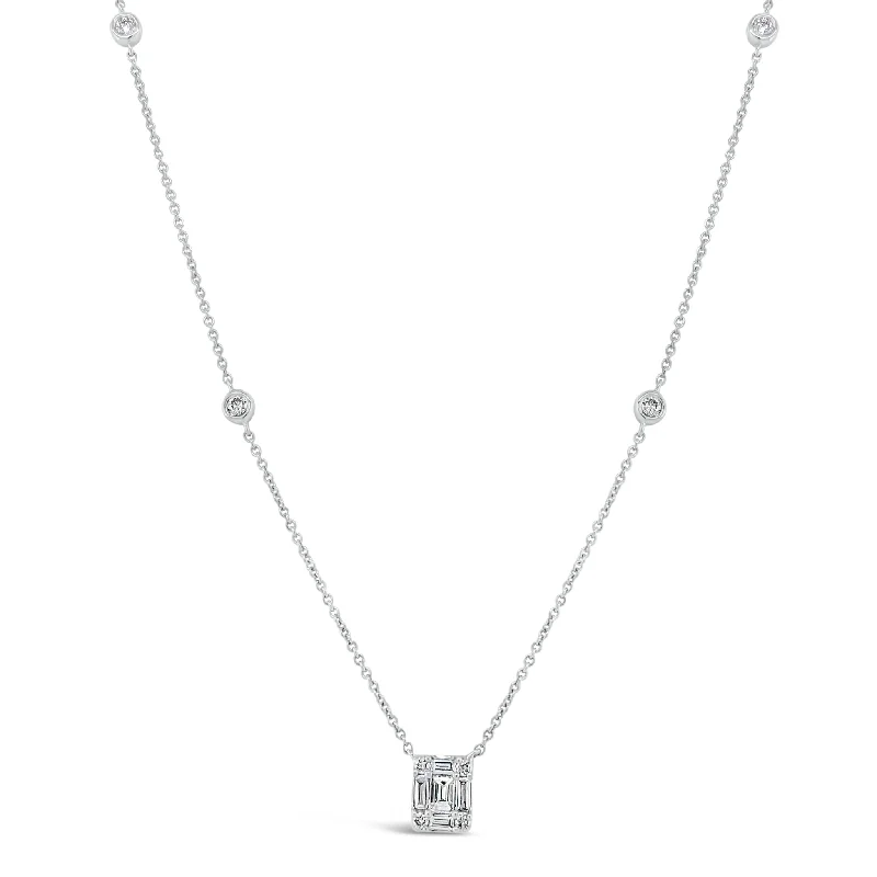 minimalist trapezoid necklace-Diamond Rectangle Pendant with Bezel-Set Diamond Stations