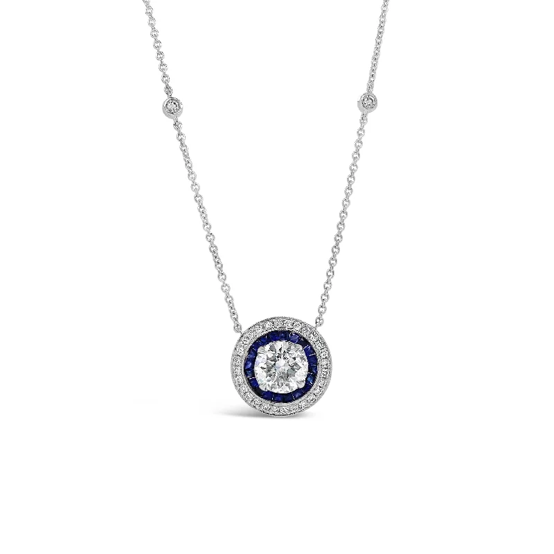 striking tanzanite cluster necklace-Diamond Solitaire Necklace with Sapphires and Bezel-Set Diamond Stations