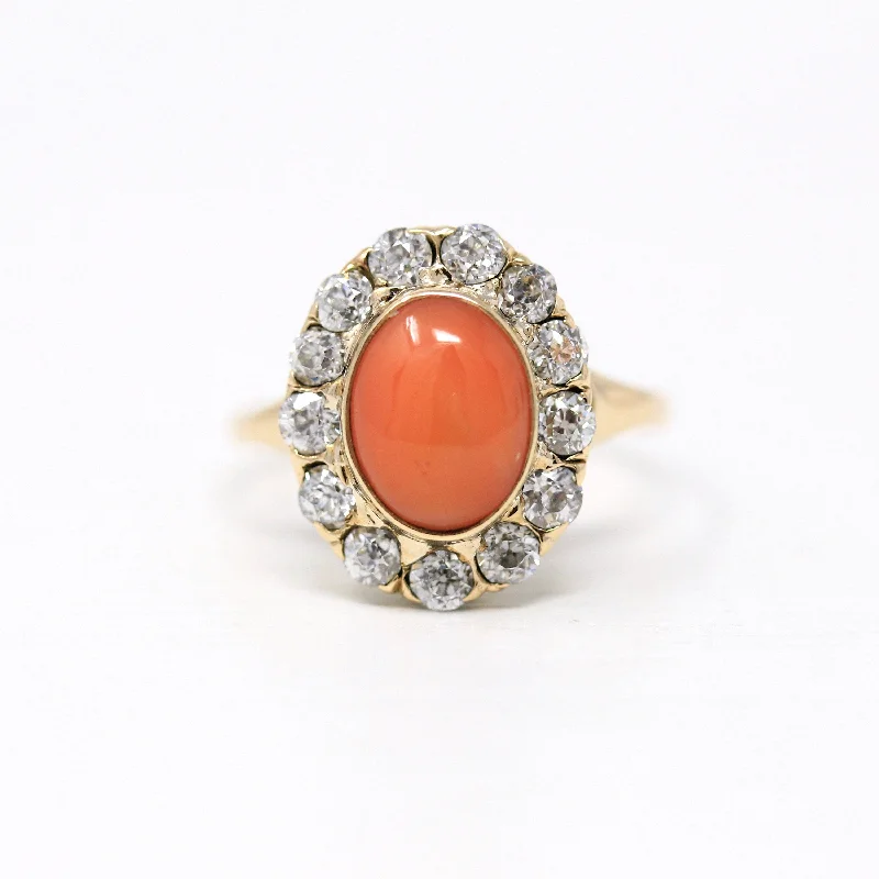 bold garnet ridge ring-Edwardian Coral Ring - Antique 14k Yellow Gold Cabochon Cut 1.65 CT Gemstone - Circa 1900s Size 5.5 Diamond Halo Style .78 CTW Fine Jewelry