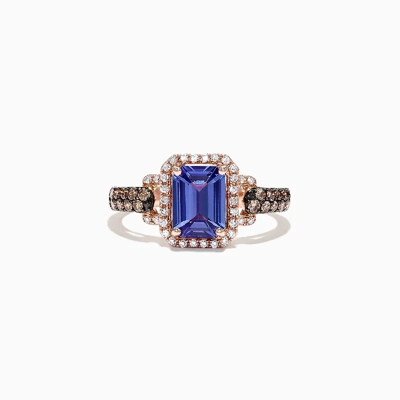 antiqued gold stack ring-Nahla Siri 14K Rose Gold Emerald Cut Tanzanite and Diamond Ring, 1.72 TCW