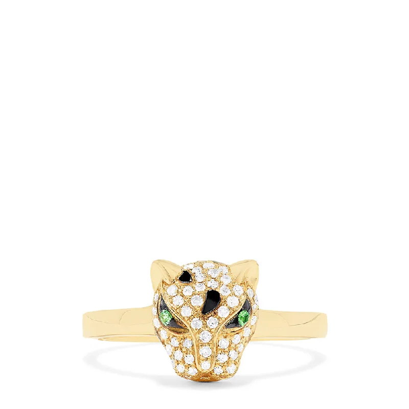 minimalist peak ring-14K Yellow Gold Diamond and Tsavorite Panther Ring, 0.25 TCW