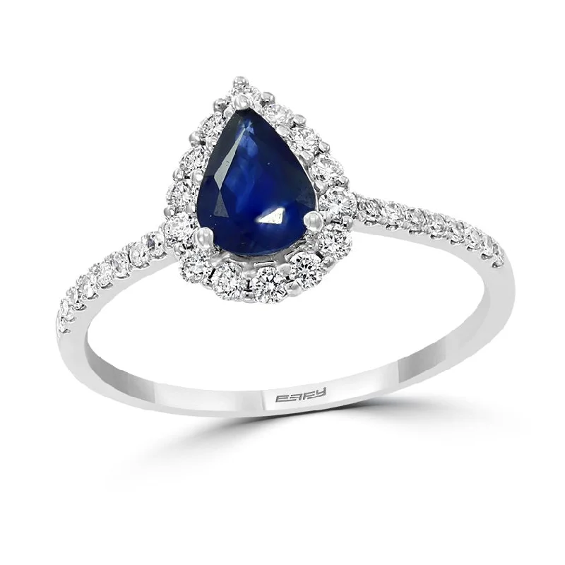 vintage-inspired agate ring-EFFY 7X5MM Pear Blue Sapphire and Diamond Gem Stone Halo Engagement Ring in 14KT White Gold