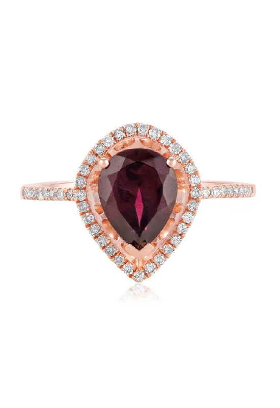 modern sleek crest ring-Bordeaux 14K Rose Gold Rhodolite Garnet and Diamond Ring, 1.46 TCW