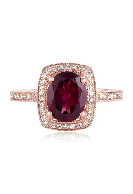 gothic-inspired crow ring-Bordeaux 14K Rose Gold Rhodolite Garnet and Diamond Ring, 2.48 TCW