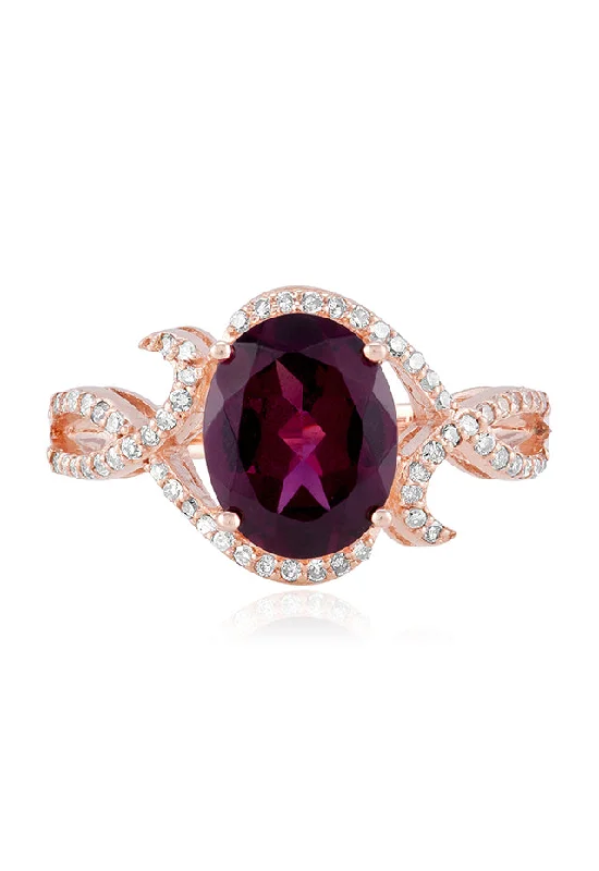 engraved unity band ring-Bordeaux 14K Rose Gold Rhodolite Garnet and Diamond Ring, 3.11 TCW