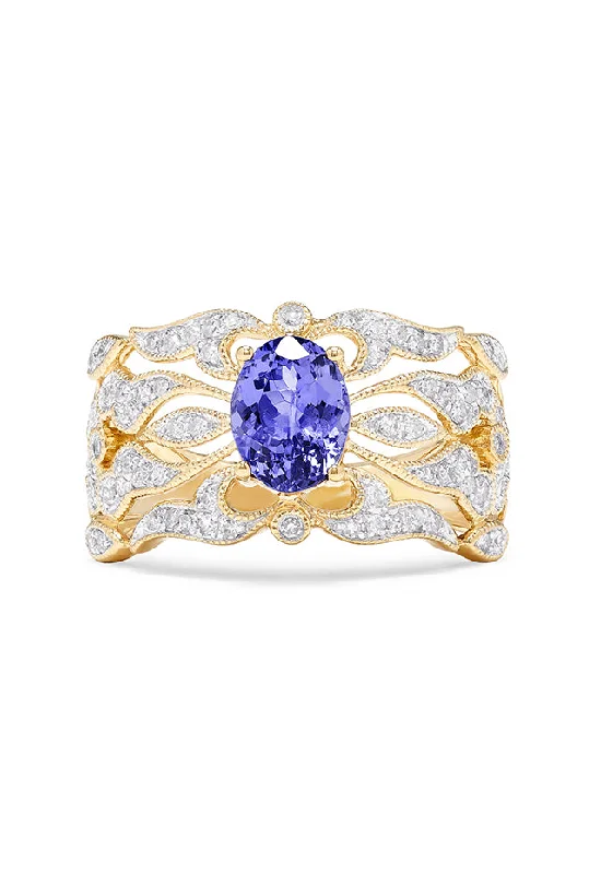 vintage-style larimar ring-14K Yellow Gold Tanzanite and Diamond Ring, 1.45 TCW