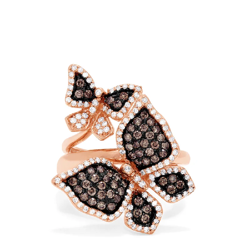 minimalist ridge ring-Limited Edition Brown and White Diamond Butterfly 2 or 1 Finger Ring, 1.18 TCW