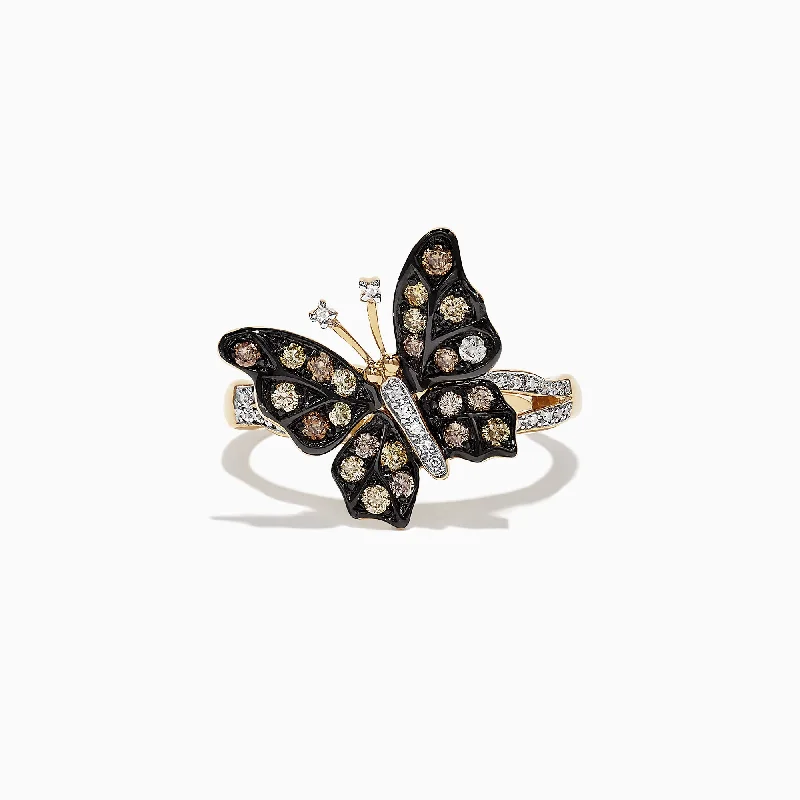 gothic-inspired fang ring-Nature 14K Yellow Gold Espresso & White Diamond Butterfly Ring, 0.45 TCW