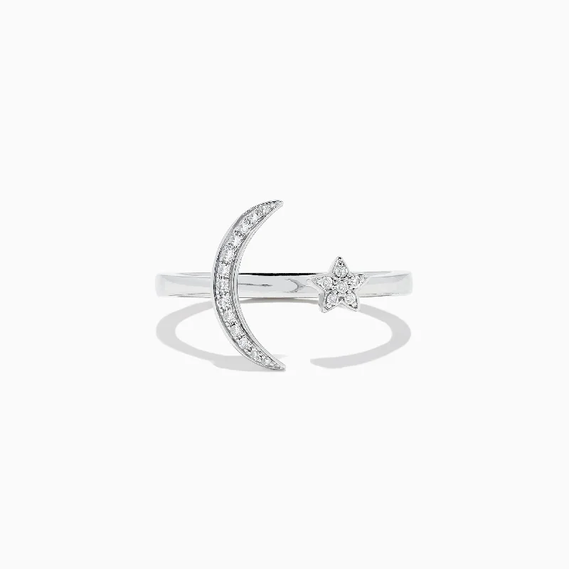 minimalist crest ring-Novelty 14K White Gold Moon and Star Diamond Ring, 0.08 TCW