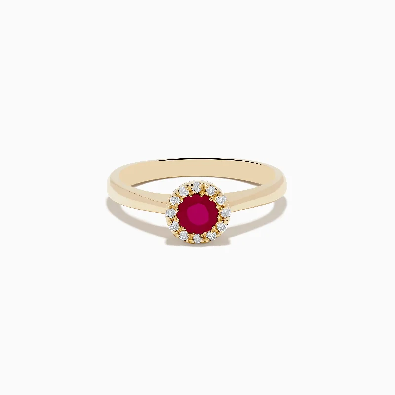 nature-themed moss ring-Ruby Royale 14K Yellow Gold Round Diamond Halo Ruby Ring, 0.52 TCW