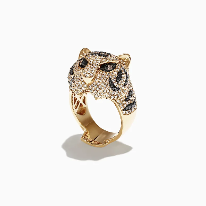 vintage-style kyanite ring-Safari 14k Yellow Gold Black and White Diamond Tiger Ring, 1.85 TCW