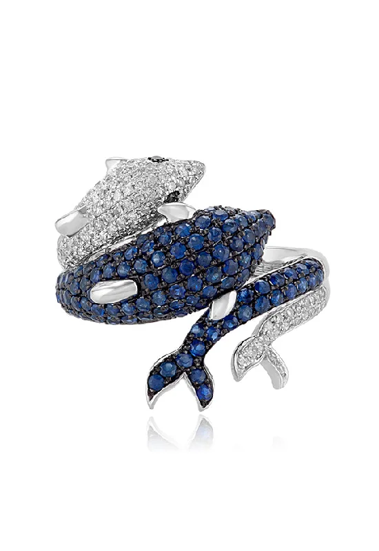 floral eternity garnet ring-Seaside 14K White Gold Blue Sapphire & Diamond Dolphin Ring, 1.39 TCW