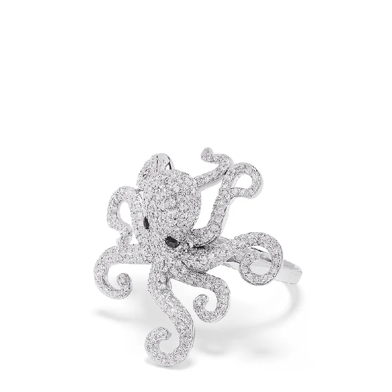 boho-inspired agate ring-Seaside 14K White Gold Diamond Octopus Ring, 1.33 TCW