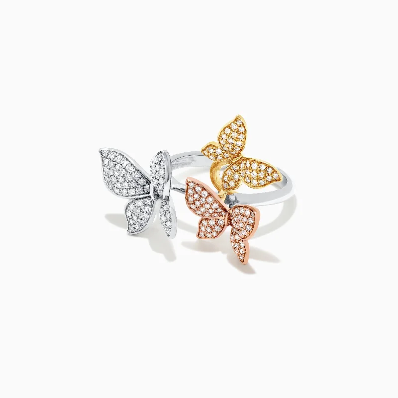 vintage-style larimar ring-Trio 14K Tri Color Gold Diamond Butterfly Ring, 0.66 TCW