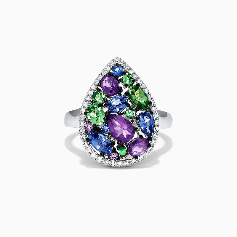 bold hexagon sapphire ring-Watercolors 14K White Gold Multi Gemstone and Diamond Ring, 2.45 TCW