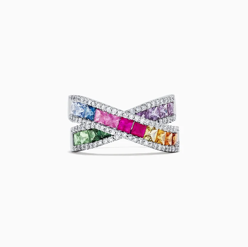 engraved bond band ring-Watercolors 14K White Gold Multi Sapphire and Diamond Ring, 2.63 TCW