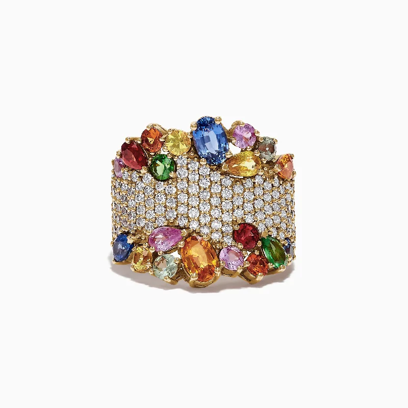 antiqued gold stack ring-Watercolors 14K Yellow Gold Multi Sapphire and Diamond Ring, 5.59 TCW