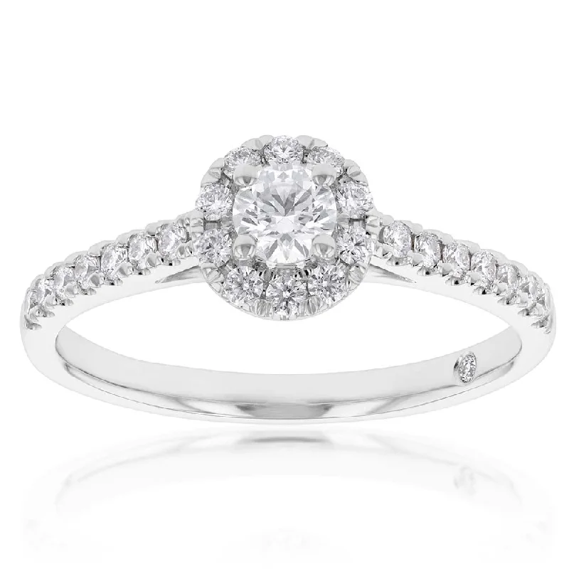 engraved trust ring-Flawless Cut 3/8 Carat Halo Engagement Ring in 18ct White Gold