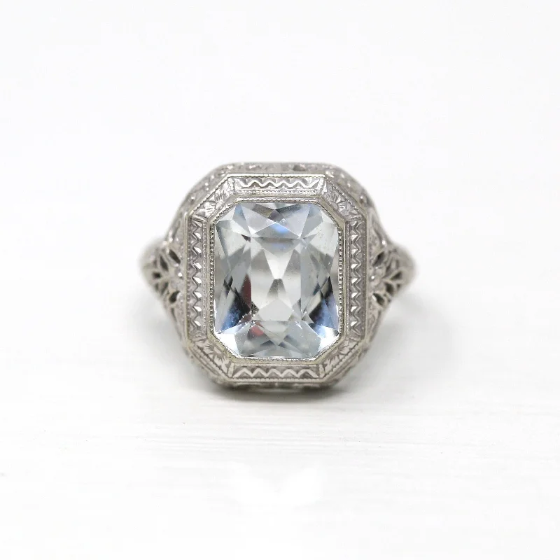 nature-themed crest ring-Genuine Aquamarine Ring - Art Deco 10k White Gold Emerald Cut 2.94 CT Blue Gem - Vintage Circa 1930s Era Size 5 1/4 Filigree Fine OB Jewelry