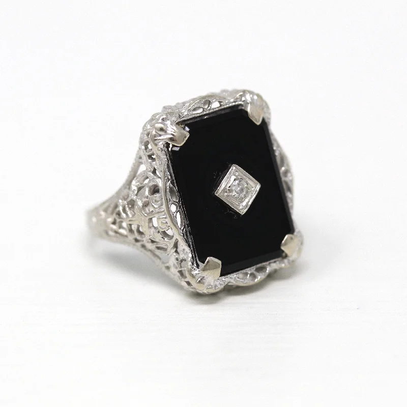 raw alexandrite cluster ring-Genuine Onyx Ring - Art Deco 10k White Gold Black Gemstone Flower Filigree - Vintage Circa 1930s Era Size 5 1/4 Diamond Fine A&S Jewelry