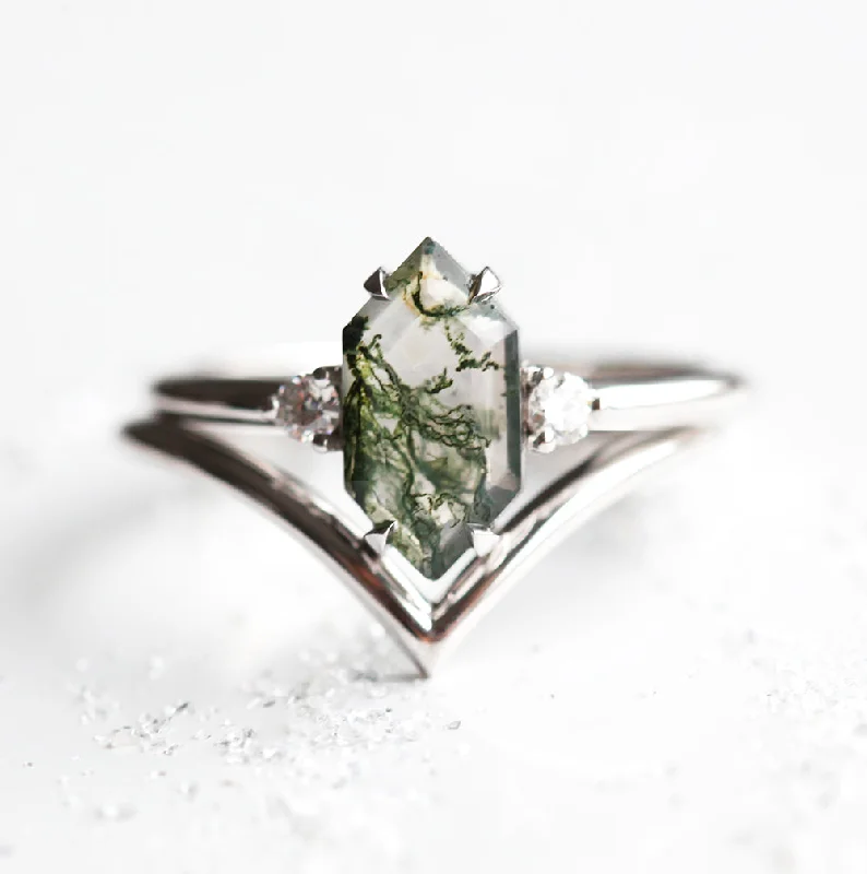 vintage-style sapphire ring-Hayley Hexagon Moss Agate Ring Set