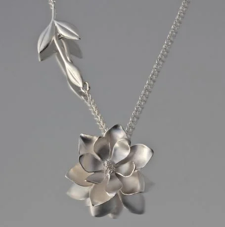 antiqued rose layered necklace-Large Magnolia Sterling Silver Pendant Necklace