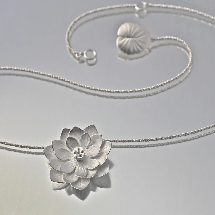 polished silver orbit necklace-Lotus Flower Sterling Silver Pendant Necklace