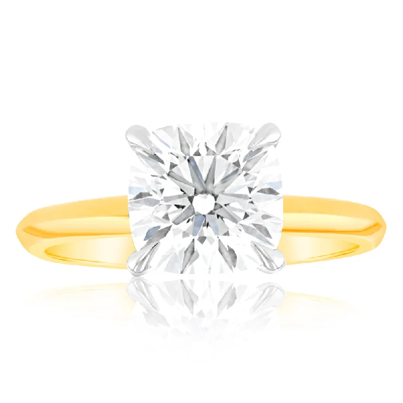 antiqued gold stack ring-Luminesce Lab Grown Certified 2 Carat Diamond Cushion Cut Engagement Ring in 18ct Yellow Gold