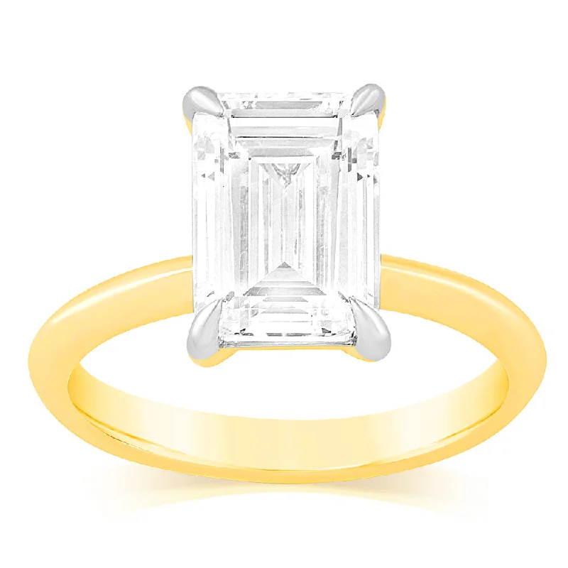 floral channel topaz ring-Luminesce Lab Grown Certified 3 Carat Diamond Emerald Cut Engagement Ring in 18ct Yellow Gold